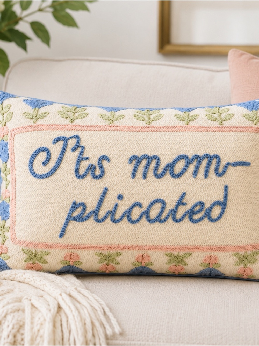 Embroidered 'It's mom-plicated' Decorative Pillow - Cream & Blue
